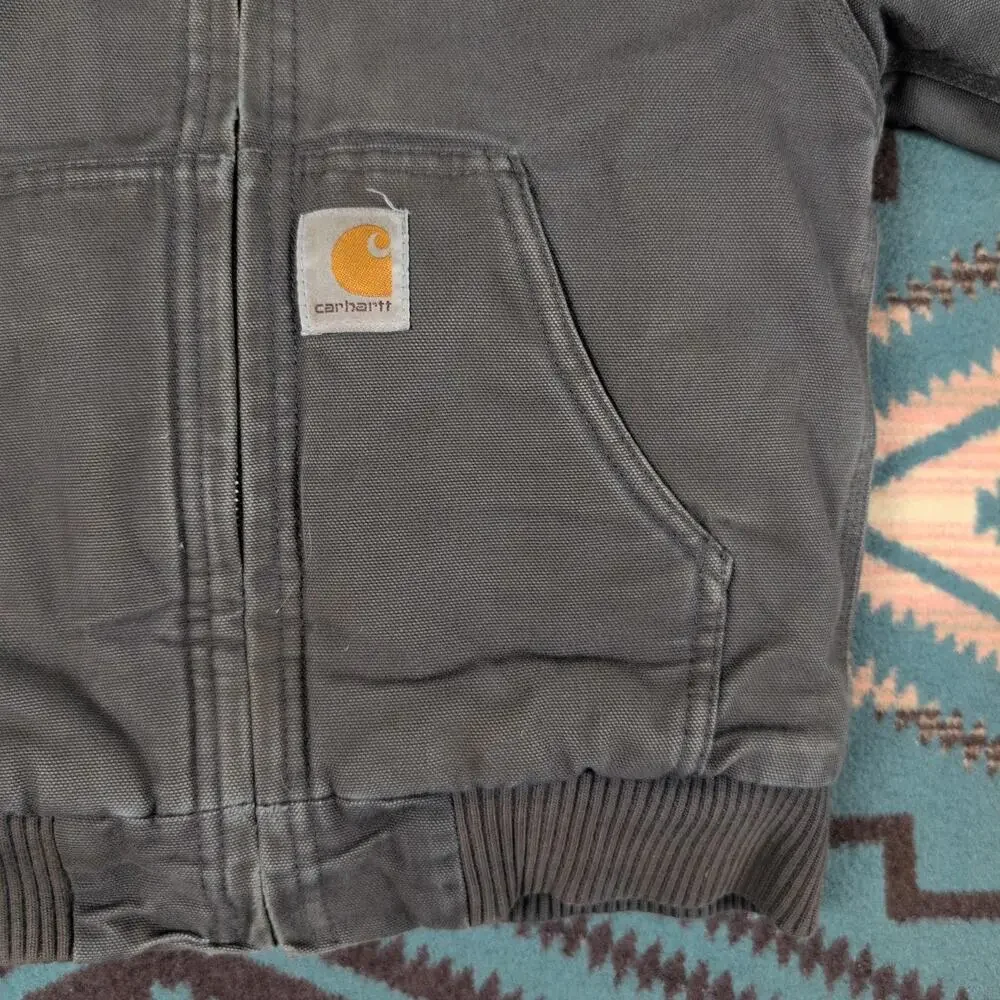 Kids Carhartt Hooded Jacket Gray Size 6 Extra Small Quilted Workwear Heavy Faded